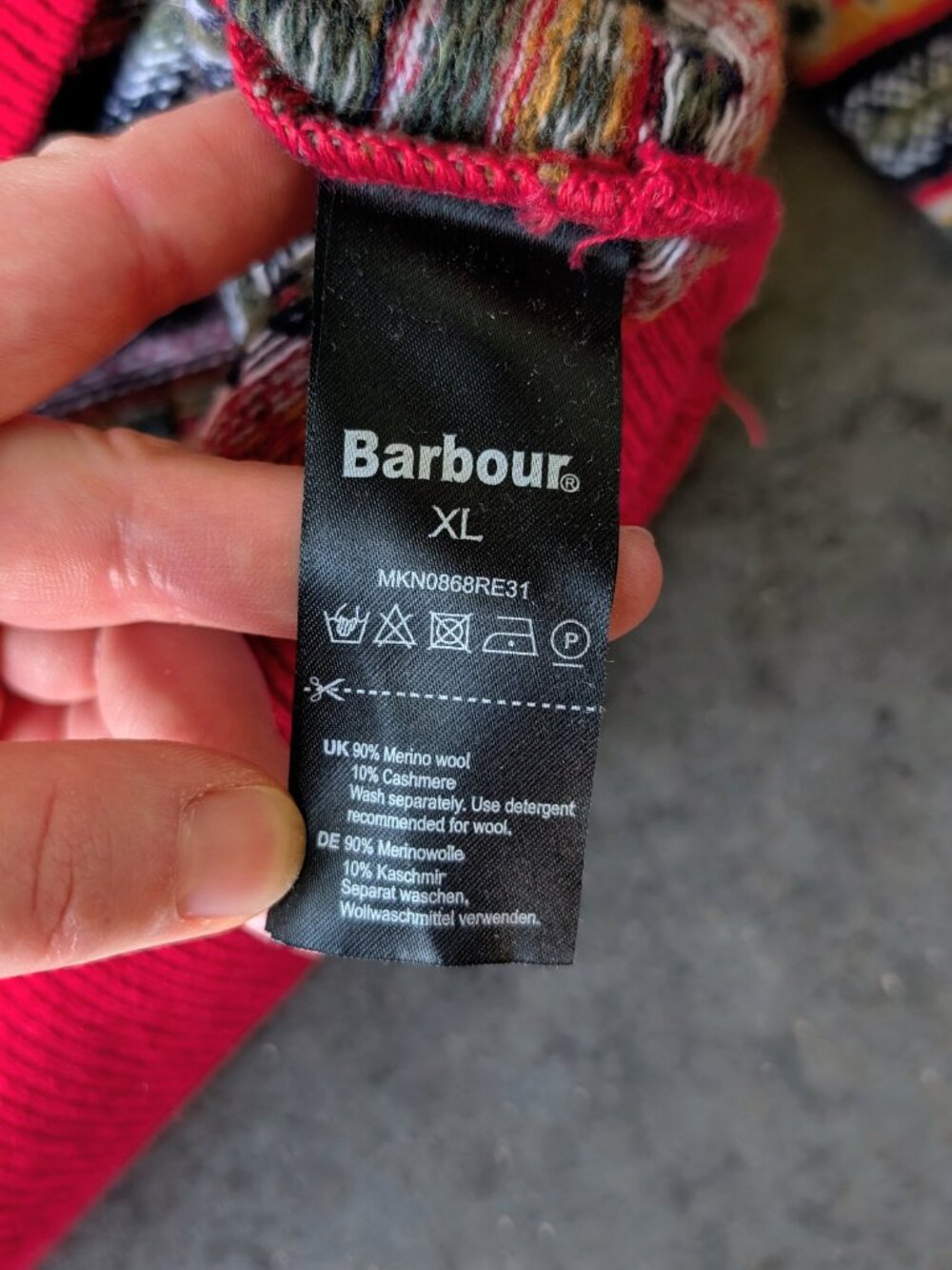 Barbour Case Fair Isle Crewneck Sweater Red Striped Merino Wool Cashmere size XL - Picture 7 of 8